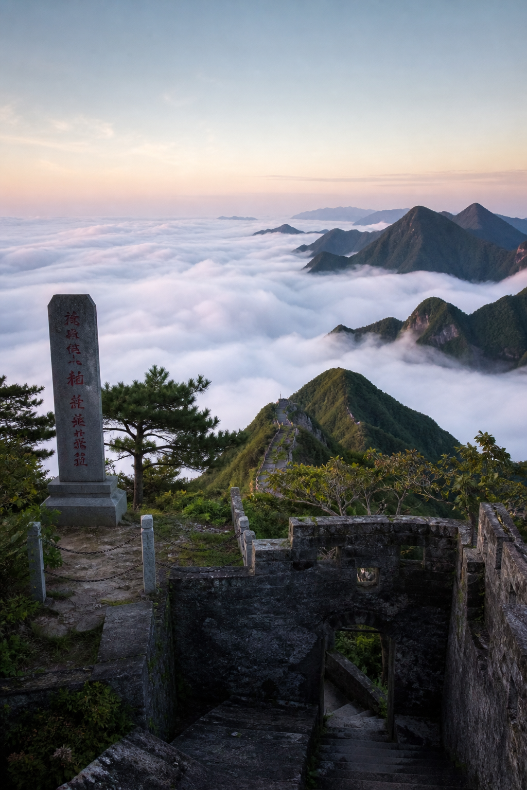黄洋界哨口云海与纪念碑